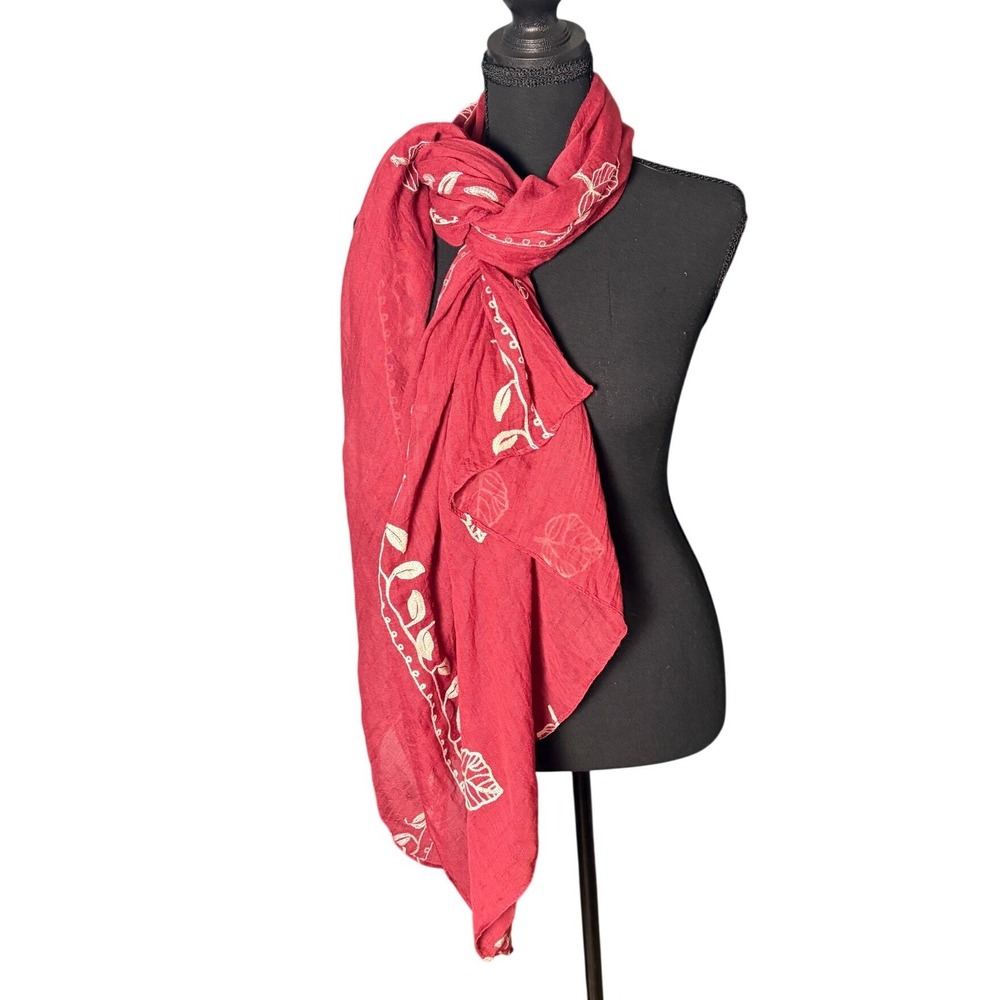 Denim & Co Red Embroidered Leaf Scarf Lightweight Wrap Lagenlook Artisan Earthy